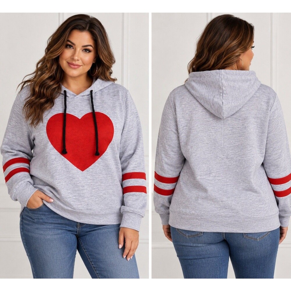 Gray Sweatshirt Big Red Heart Valentines Love Amor Comfy Casual Pullover 2XL NEW